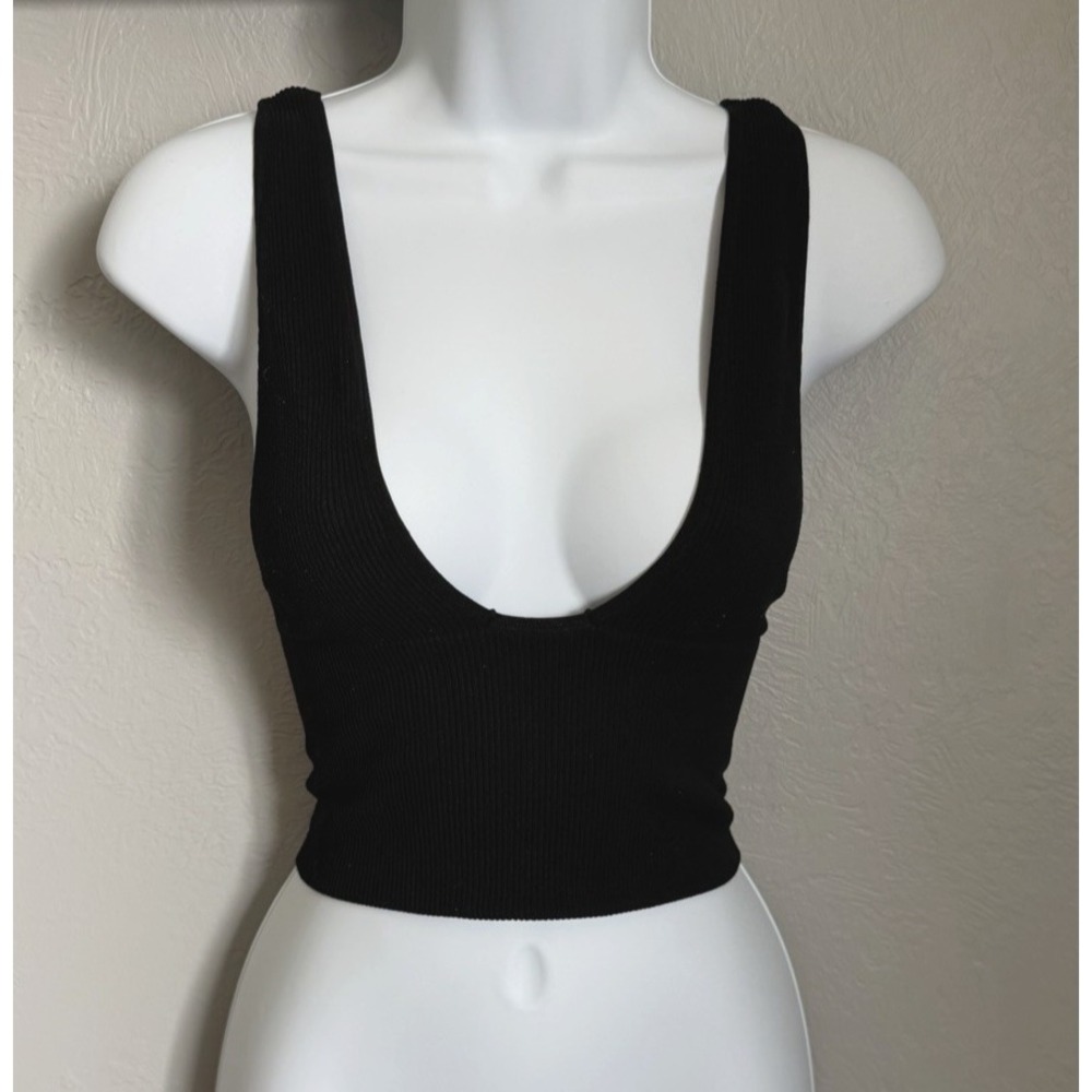 Free People Intimately Cropped Tank Top Womens Size XS Black Rib Brami V-Neck